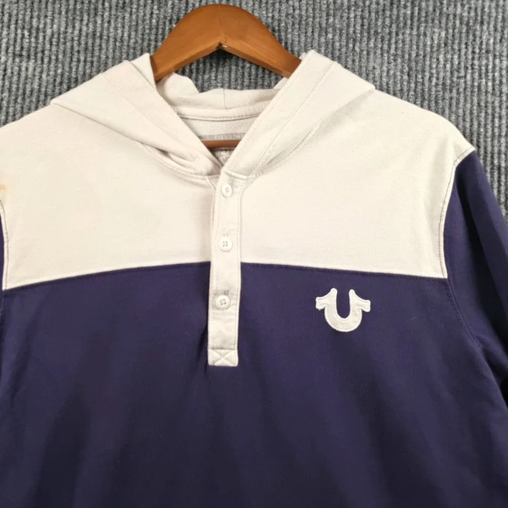 True Religion Henley Hoodie Mens Medium Navy Cream Colorblock Y2K Pullover Shirt